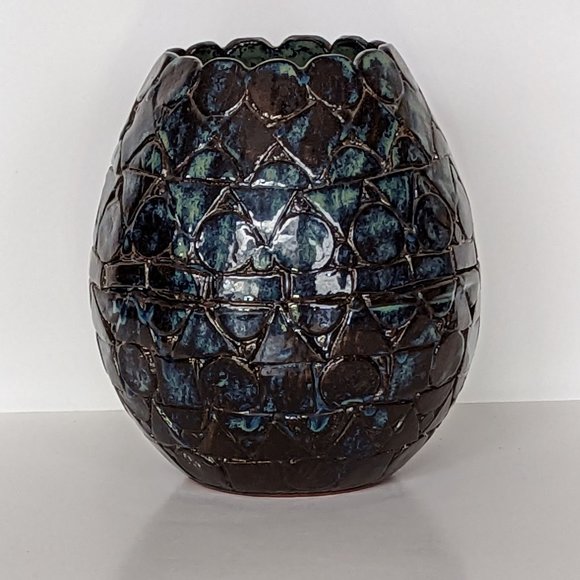 Handmade+Signed "adams" Studio Blue Iridescent Fired Clay Vase Geometric Shapes - Picture 1 of 5